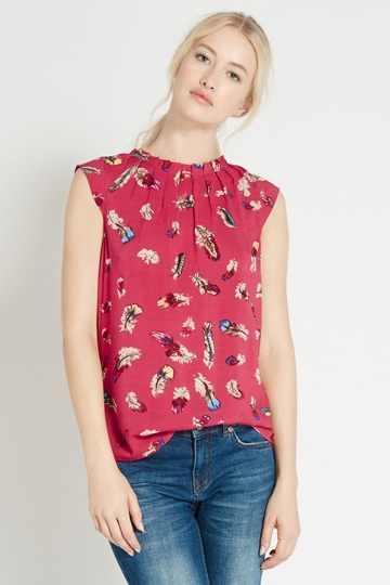 Fashion women sweet feathers print pleated red blouse shirt zipper vintage sleeveless blusa feminina office blouses