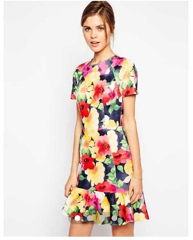 Fashion women sweet floral print dresses o neck office ruffles Dress short sleeve causal slim brand dress