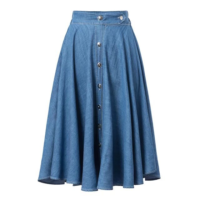 Fashion Women Vintage Elastic Waist Pleated Denim Midi Skirts Blue Button Retro High Waist Casual Female Ms Skirt