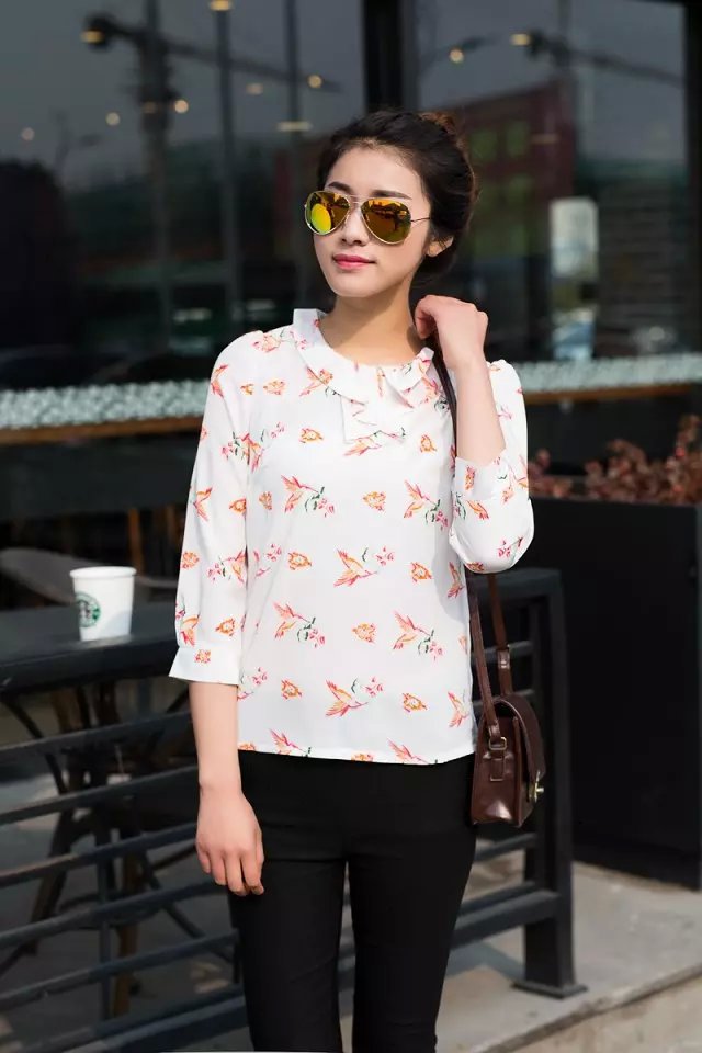 Fashion women vintage floral print blouses Peter pan collar three quarter sleeve shirts casual slim brand tops