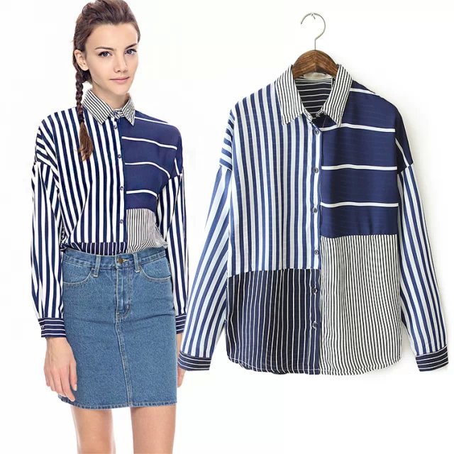 Fashion women work wear striped print blue blouse shirt vintage o neck long sleeve Slim Brand Office Tops