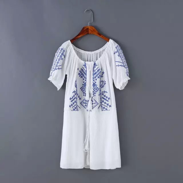 Fashion Womens Elegant cotton linen tassel Floral embroidery pleated mini dresses O Neck short sleeve casual dress