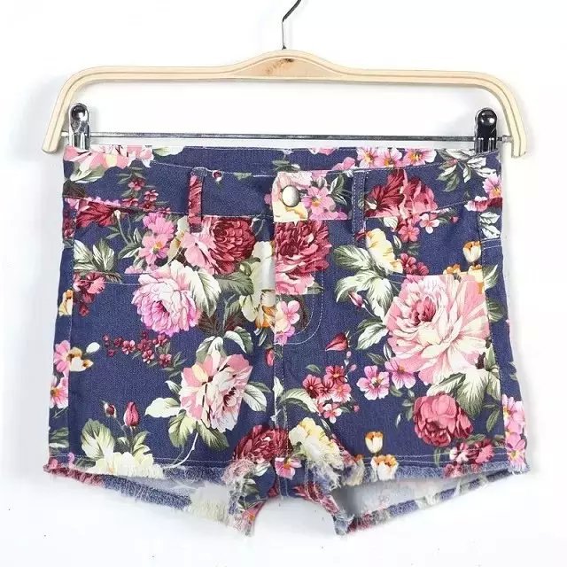 Fashion Womens Elegant Floral Print Denim Zipper pocket causal Plus Size Slim brand design shorts
