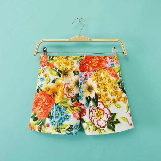 Fashion womens elegant stylish floral print shorts vintage zipper pockets causal Slim brand design shorts