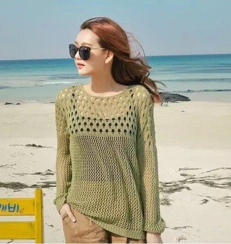 Korea Fashion women elegant Hollow out Floral Pullover knitwear O neck thin long Sleeve Casual Loose Sweaters