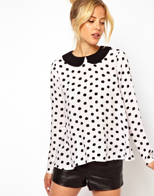 New Fashion Ladies' Classical Black & White Polka Dot blouses Peter pan collar casual slim shirts brand designer tops