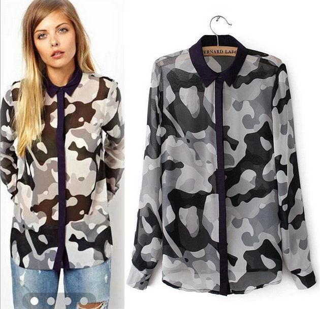 New Fashion Ladies' elegant camouflage print chiffon blouse Sexy long sleeve slim shirts quality brand designer tops