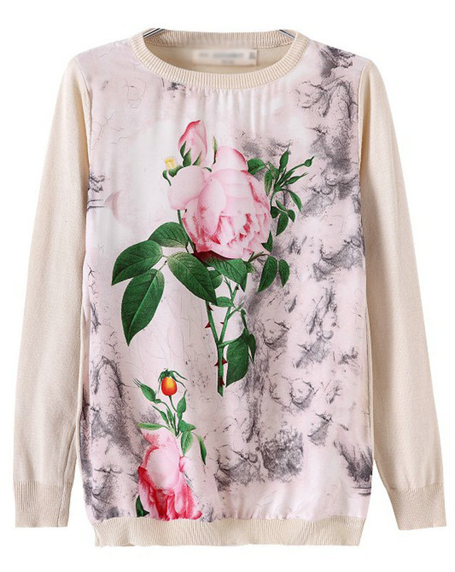 New Fashion Ladies' elegant Floral pattern patchwork pullover sweater Casual Slim O-neck knitwear brand Tops