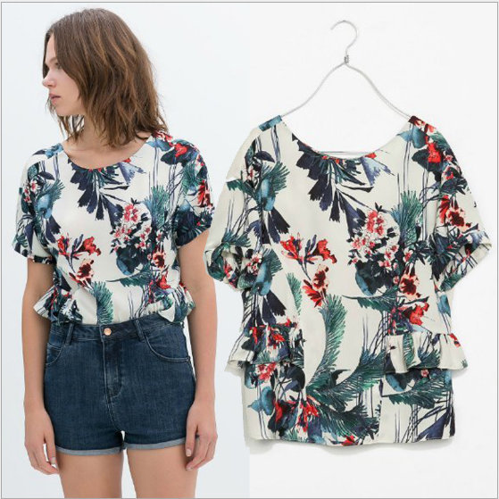 New Fashion Ladies' Elegant floral print Ruffles T shirt O neck short sleeve shirt casual slim brand designer tops
