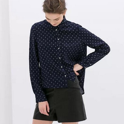 New Fashion Ladies' elegant little anchors print blouses office lady long sleeve Shirts casual slim brand designer tops