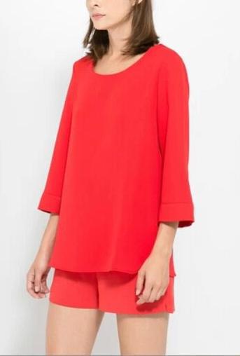 New Fashion Ladies' Elegant soild color T shirt O neck three quarter sleeve vent shirt casual slim brand designer tops