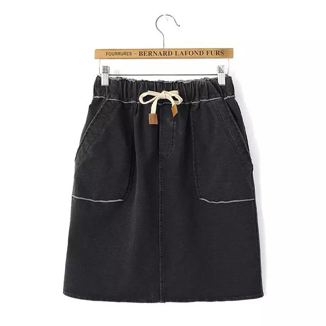 New Fashion Women Cotton black Denim Elastic Waist Tunic Drawstring Skirts Casual brand designer Mini Skirts