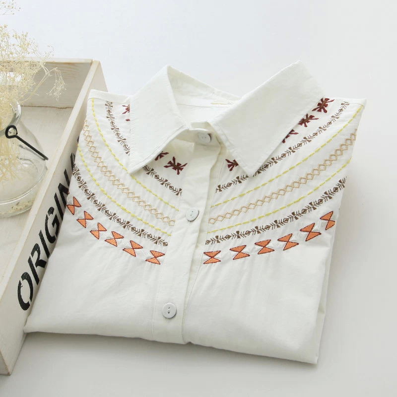 New Fashion Women Elegant Cotton Embroidery Blouse casual cozy shirts Turn down collar long sleeve brand quality tops