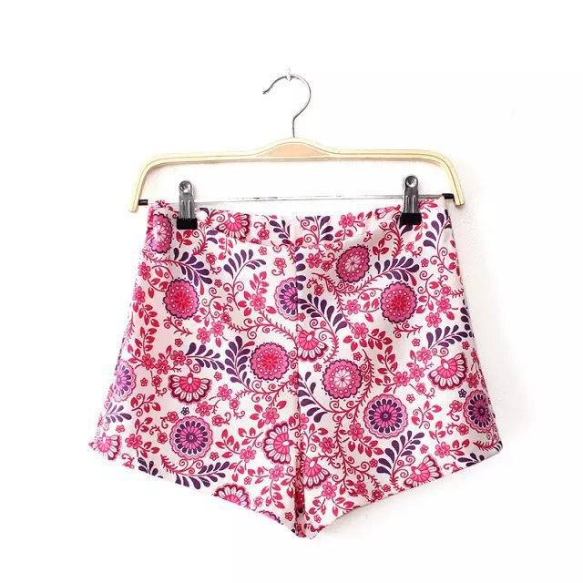 New Fashion women sweet red floral print shorts zipper casual slim brand shorts
