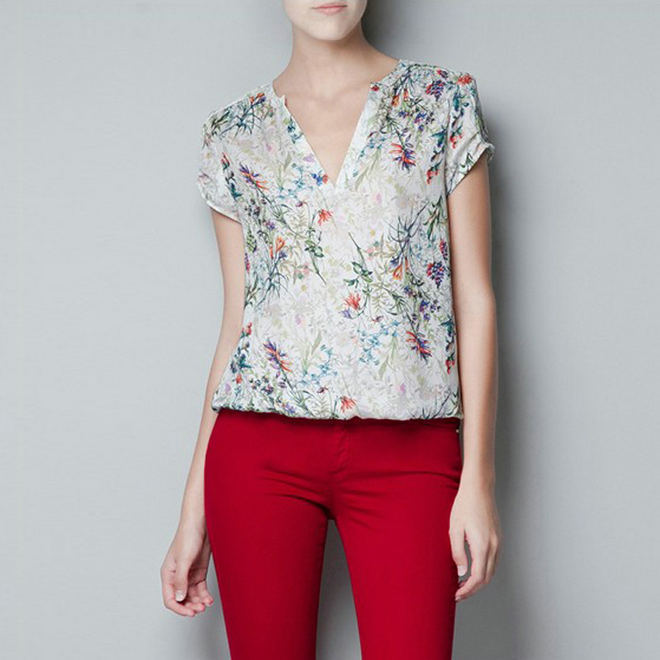 new fashion womens' chiffion OL flower print blouse casual shirt short sleeve tops 01F147