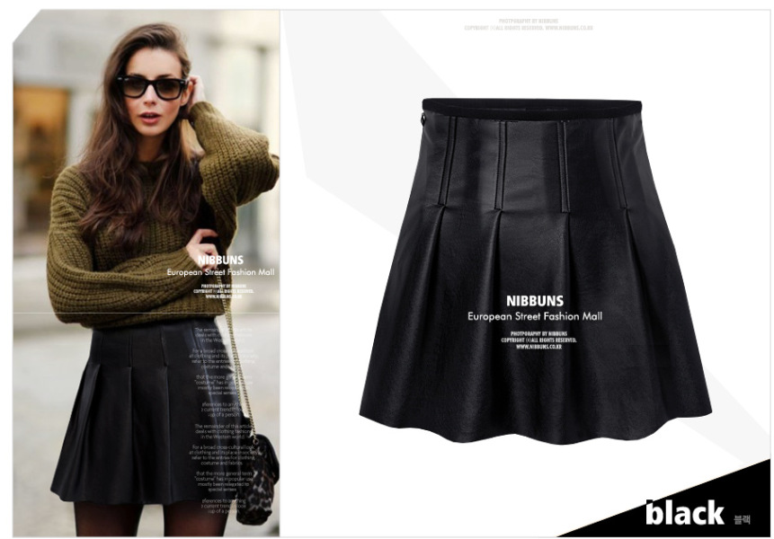 new fashion womens' rivet PU Leather Ruffles Pleated Sexy Mini Skirt elegant classic black casual Drop shipping