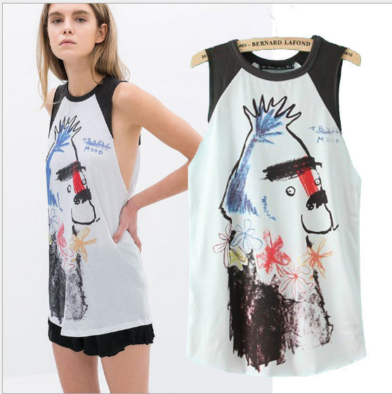 New summer Fashion Ladies' elegant print T shirt vest O neck sleeveless Shirt casual slim brand designer tops