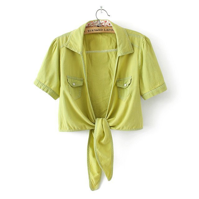 Summer Fashion Ladies Elegant pocket Turn down collar short Denim Blouse short Sleeve Shirt Casual Brand Crop Tops