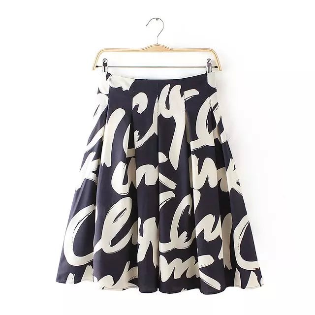 Summer Fashion Women Chiffon Pleated Letter Print black Skirt Casual High Waist Zipper brand Quality Plus Size skirts