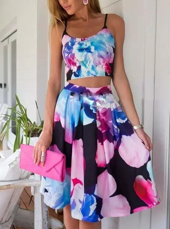 Summer Fashion Women floral print backless Spaghetti Strap Tank + Pleated Dresses Two Pieces Beach O-neck Casual dress