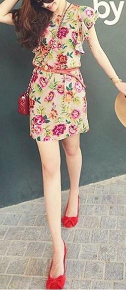 Summer Fashion Women Floral printed Sashes Dresses vintage O-Neck Lotus sleeves Back zipper casual brand dress