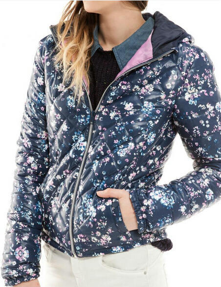 Winter women Elegant floral print Cotton Hooded zipper pocket Parkas long sleeve coat outwear Thickening Parkas