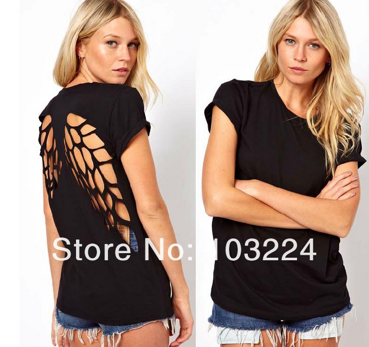 women cotton t-shirts casual Back hollow out angel wings black short sleeve blackless Tops Tees