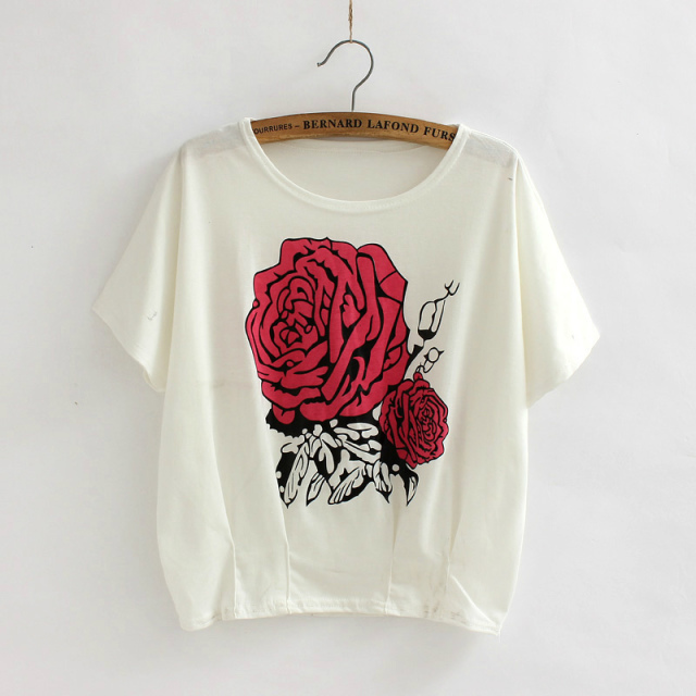 Women Fashion Casual Tee Shirts Korean Basic White Short Sleeve Rose Printed T-Shirt