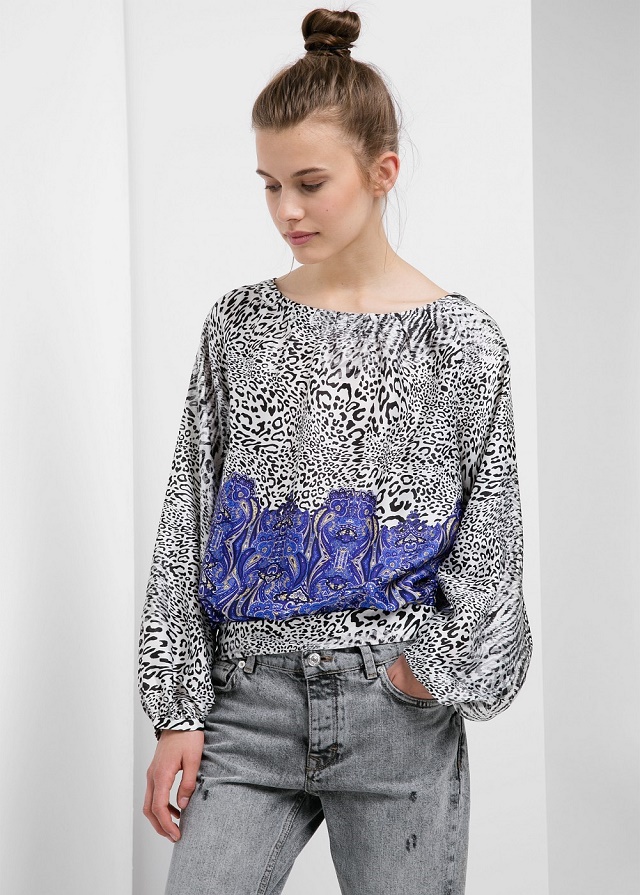Women fashion elegant leopard blue floral print blouses vintage o neck long sleeve shirt work wear casual slim tops