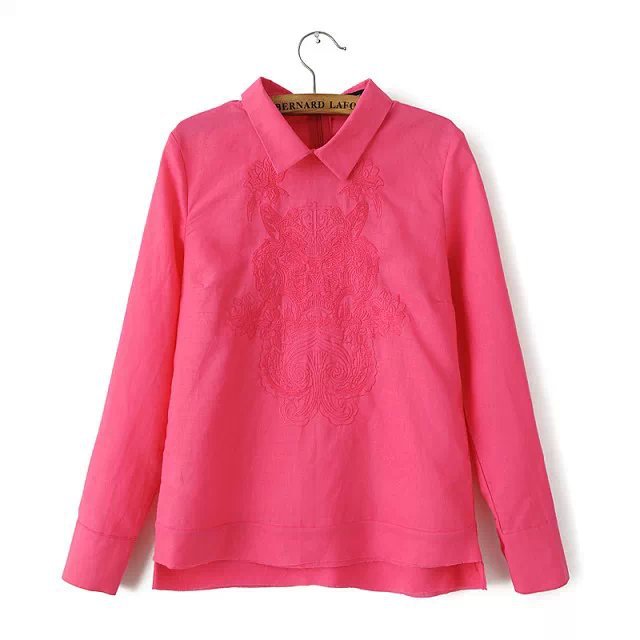 Women fashion Spring elegant tiger embroidery white hotpink blouses zipper vintage long sleeve shirt casual slim tops