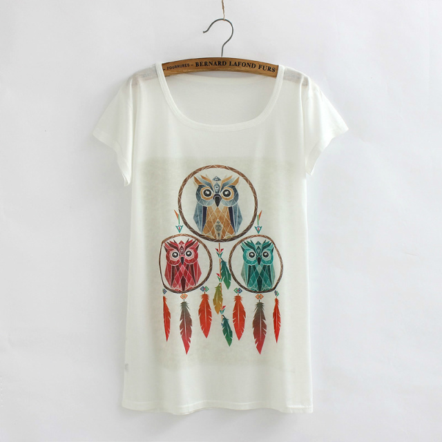 Women Tops Fashion Casual Tee Shirts Korean White Short Sleeve Cute owl Printed T-Shirt