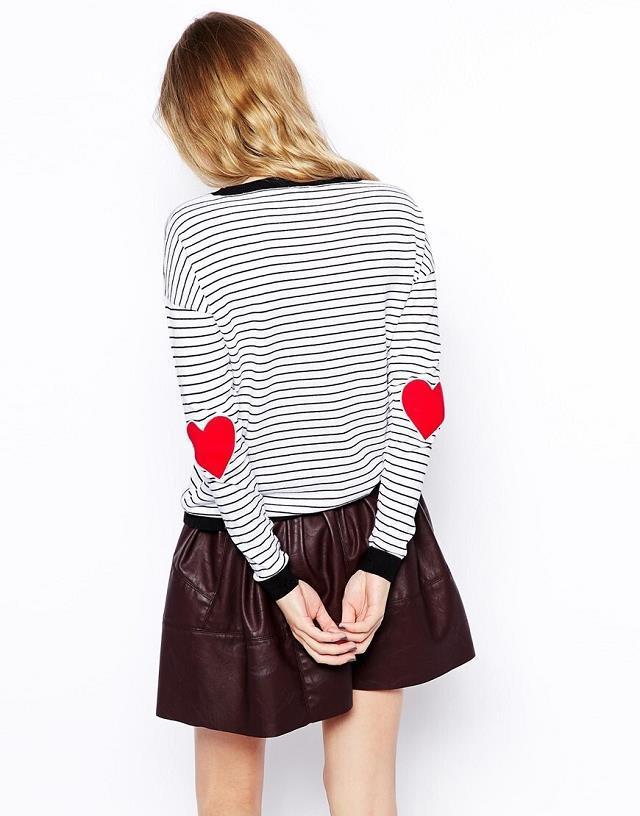 Autumn Fashion women Black white Striped Love Heart pattern Pullover O neck long sleeve Casual knitted sweaters brand tops