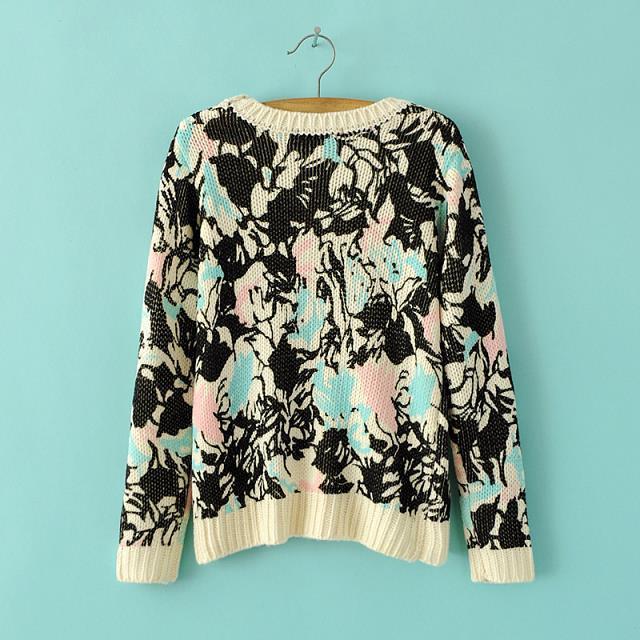 Autumn Fashion women Floral pattern cropped short Pullover knitwear O neck long sleeve Casual knitted sweaters brand