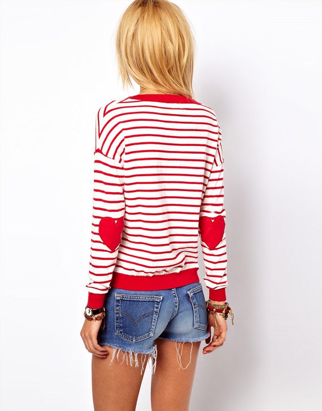 Autumn Fashion women red Striped Love Heart Patch Pullover O neck long sleeve Casual knitted sweaters brand tops