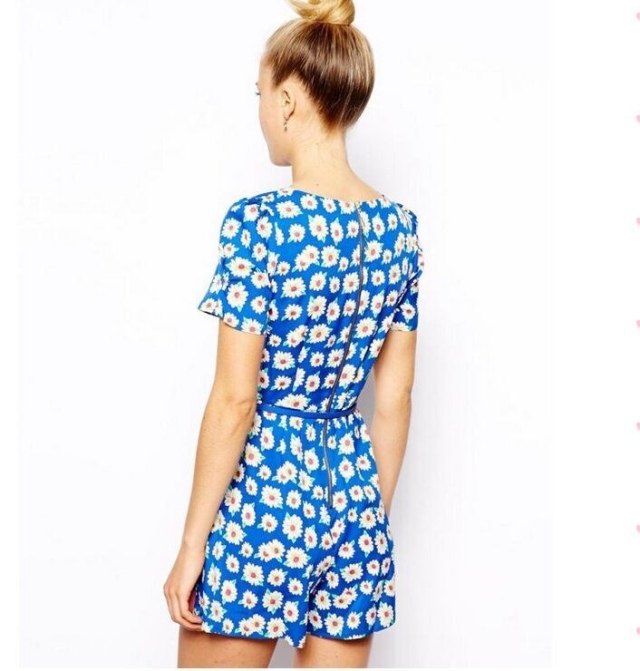 Blue O Neck Short Sleeve Floral Print Slim Fit Women Overall Summer New Arrival Hot Sale Elegant Brand Jumpsuit