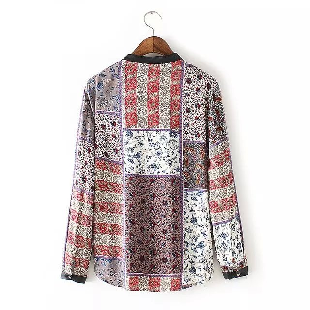 European Fashion women Geometric print Faux leather Standing collar blouses shirts vintage Long Sleeve casual Brand tops