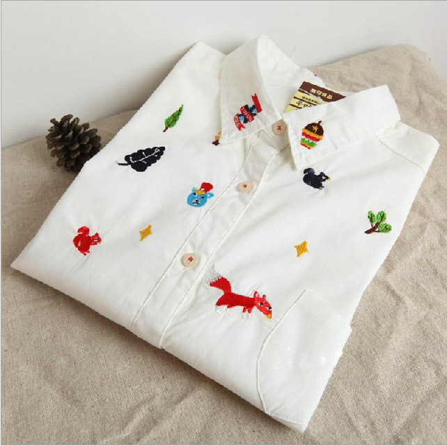 Fashion Ladies' cartoon animal and leaf embroidery soft cotton blouse elegant long sleeve stylish Shirt casual slim tops