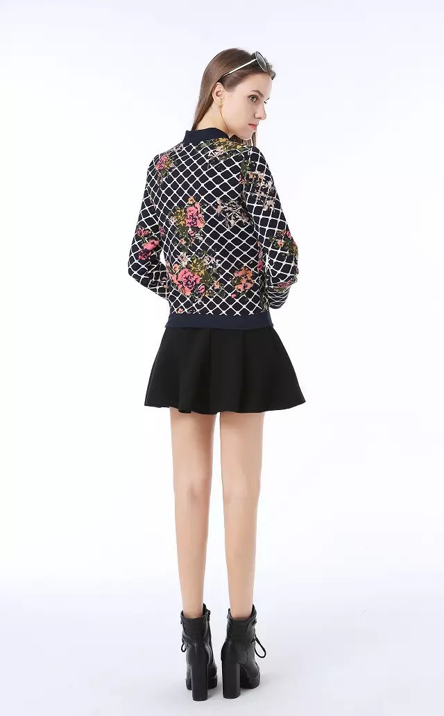 Fashion Ladies' elegant plaid floral print short coat outwear vintage zipper pockets Jacket casual slim brand top