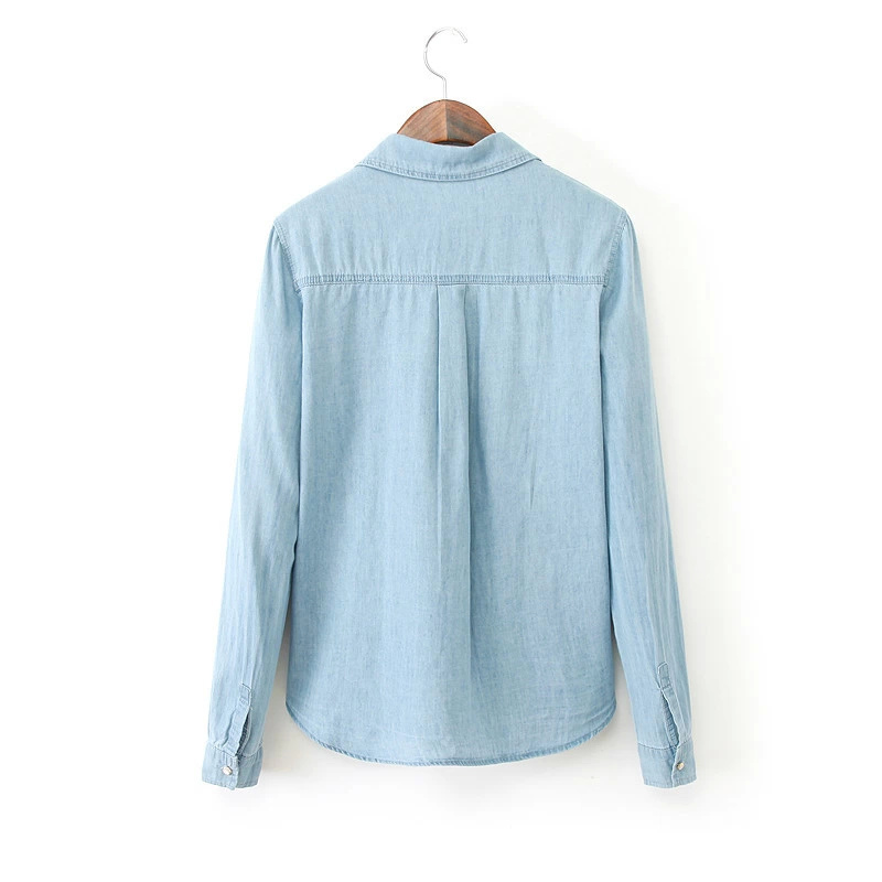 Fashion Ladies' elegant sweet bird print blue Denim shirt blouse long sleeve casual slim shirts