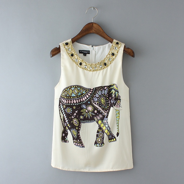 Fashion Ladies summer Elephant Print T shirt O-neck Beading short sleeve shirts casual brand tops