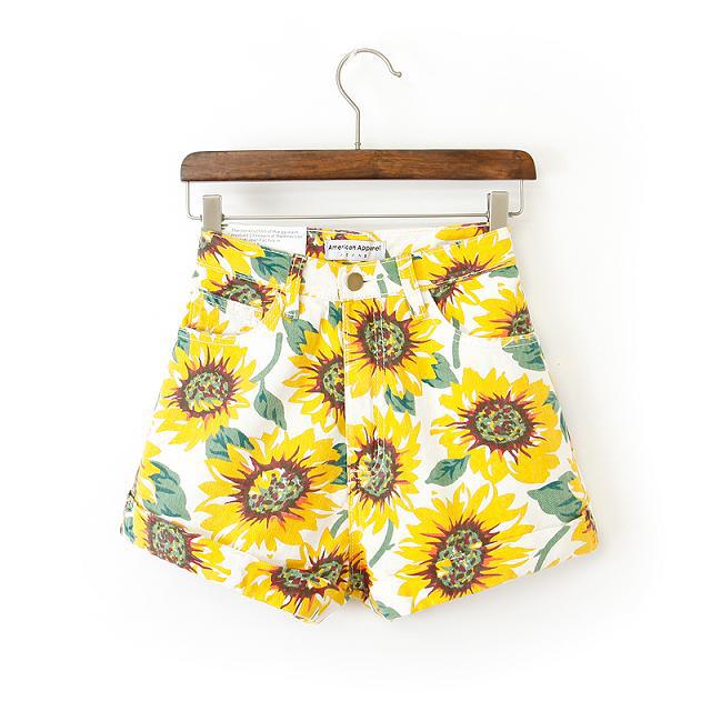 Fashion Ladies Vintage Sunflower Print Denim Shorts High Waisted Pocket Zipper Yellow Casual Short Jeans For Women