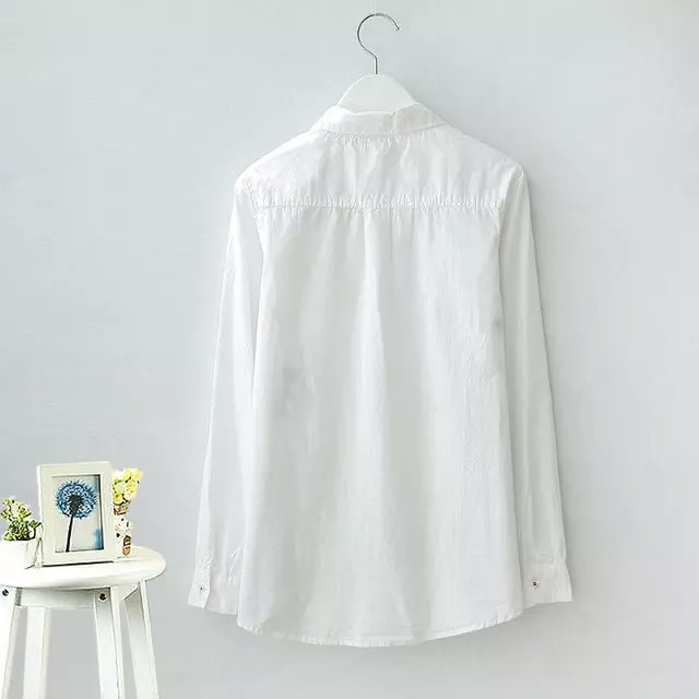 Fashion Lady cartoon animal tree embroidery White cotton blouse for women elegant long sleeve Shirt casual blusas
