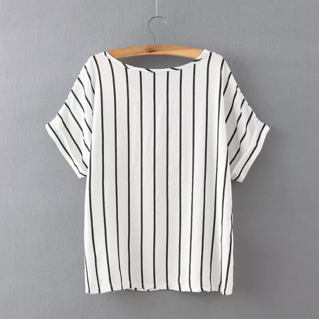 Fashion New Women Elegant Stripe T shirt O Neck Batwing short sleeve pocket white Shirts Casual Brand Tops