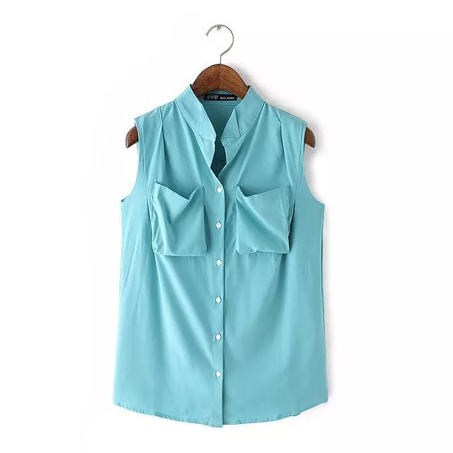 Fashion Office Lady Standing Collar blouse shirt Pocket vintage sleeveless casual shirts