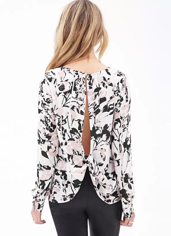 Fashion spring women cartoon floral print chiffon blouse shirt vintage o neck long sleeve back cross hollow out tops