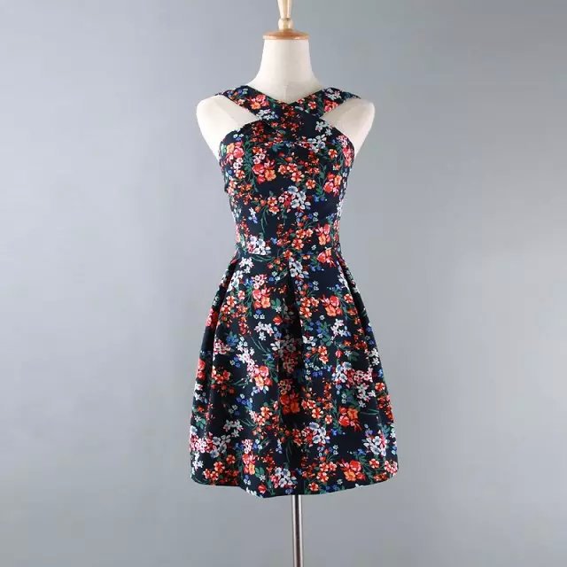 Fashion Summer Elegant Pleated Floral print Cross V-Neck Dress sleeveless Backless casual Sexy Plus Size dresses