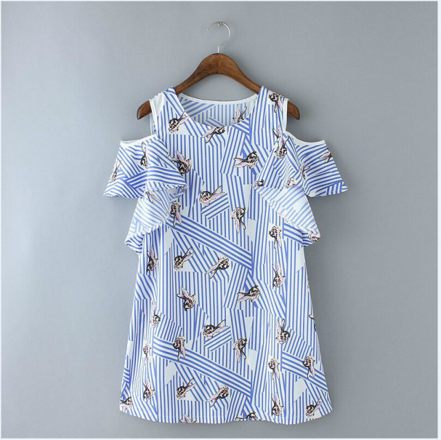 Fashion Summer Elegant Stripe rabbit Print Off Shoulder Blue Dresses O-neck Short Sleeve casual Plus Size dress