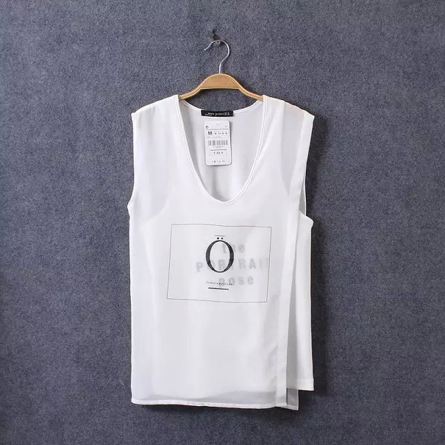 Fashion Summer Ladies Elegant Chiffon Letter print Irregular T shirts O-neck sleeveless white casual tops