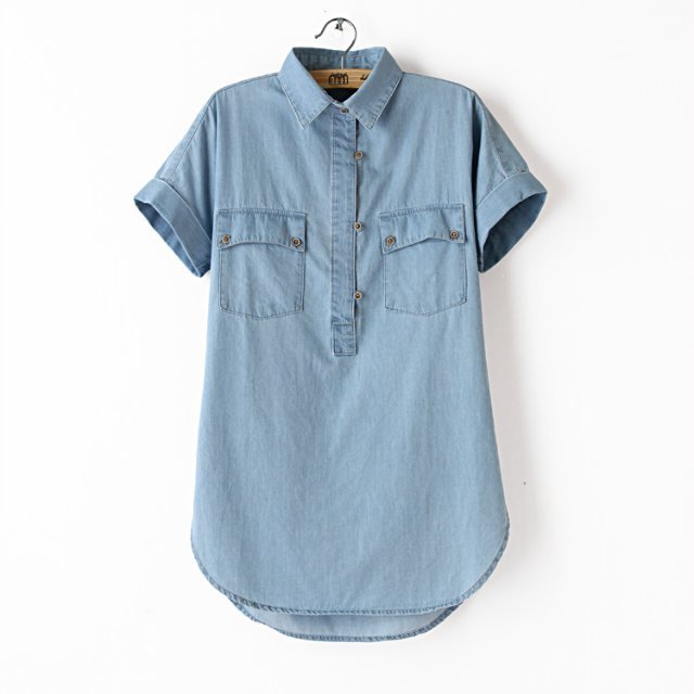 Fashion Summer Women blue Denim blouse short sleeve pocket casual Turn-down collar shirts