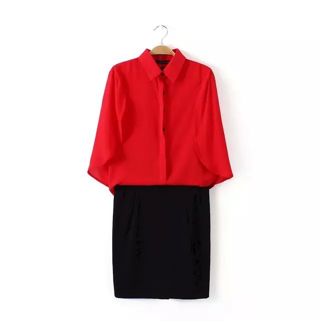 Fashion Summer Women Elegant Blouse And Skirt Two Piece Set Turn-down collar Cloak Sleeve button casual shirts